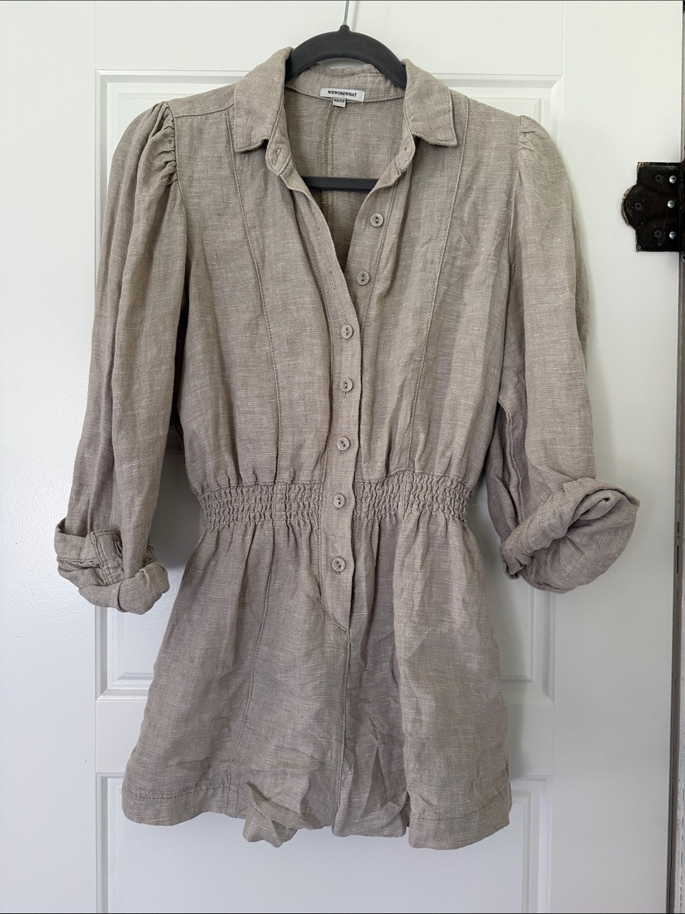 WeWoreWhat Taupe Linen Button Romper